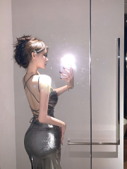 Real shot of hot girl sexy liquid metal swing collar backless silver suspender dress female long skirt