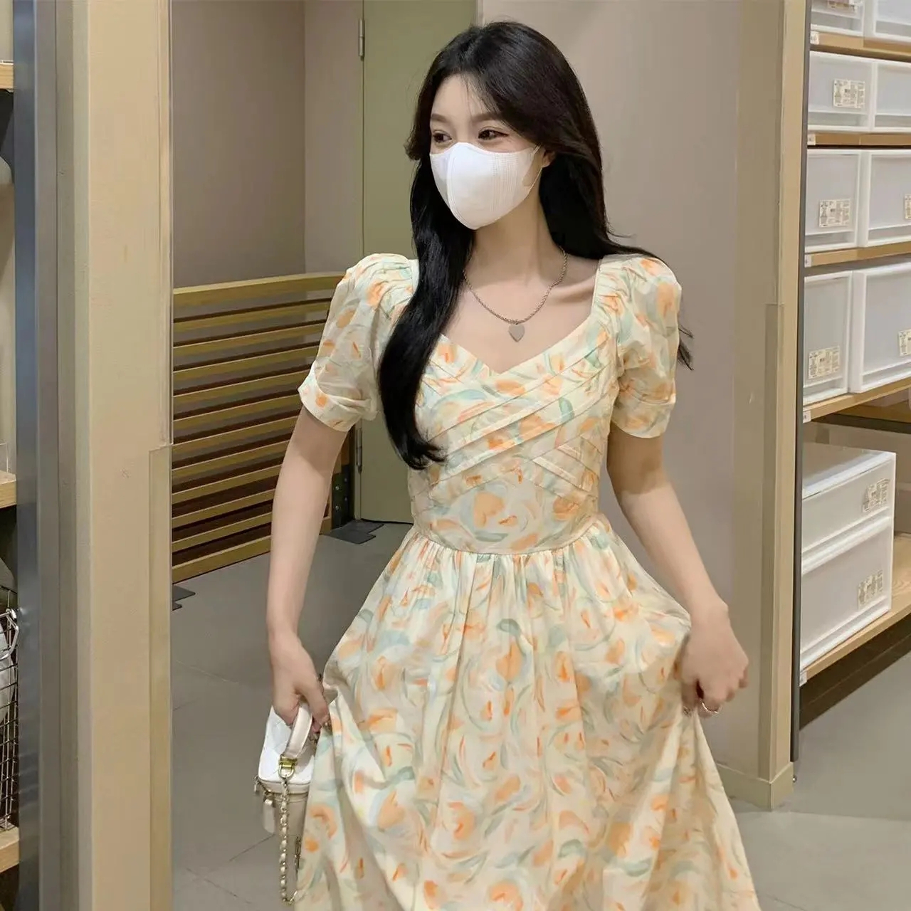 Puff Sleeve French Floral Waist Slim Dress Women's 2024 New Summer Plus Size Women's Skirt High-end