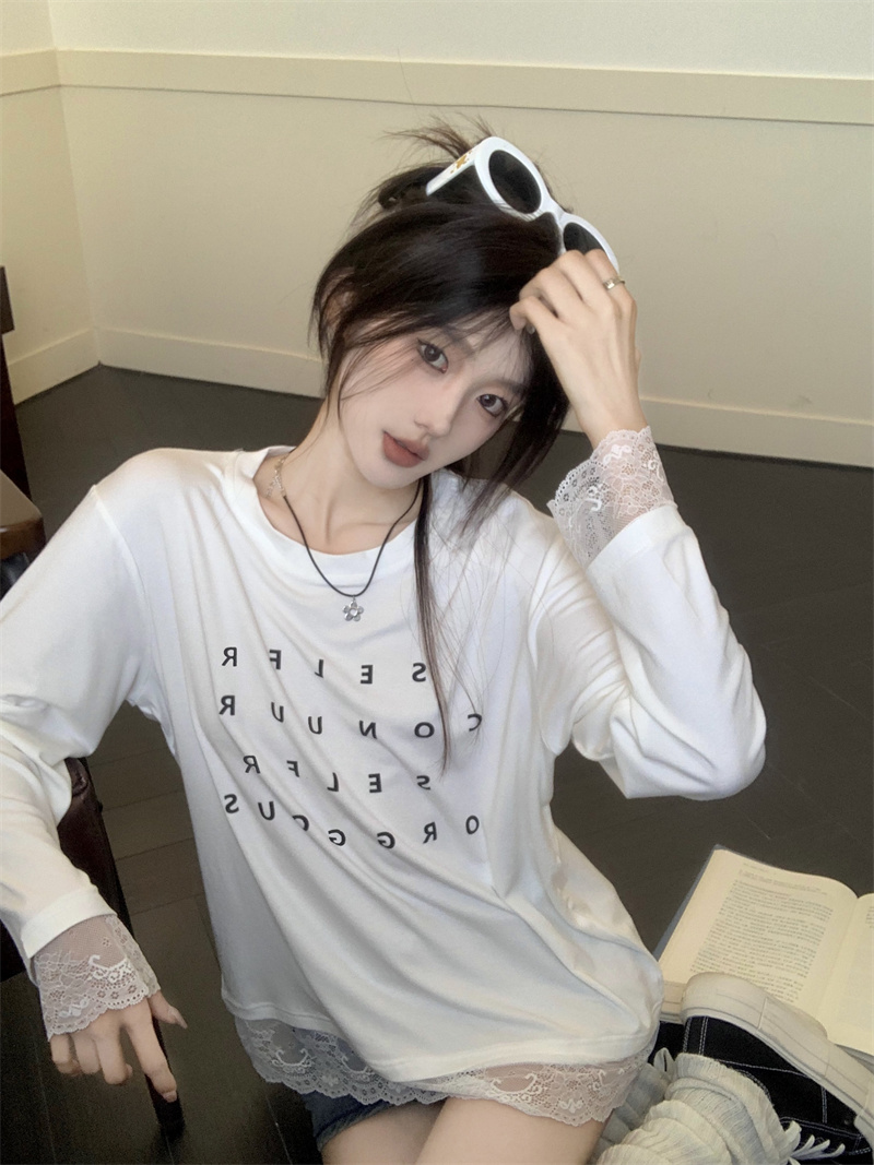 實拍 春夏拼接蕾絲邊字母印花長袖T恤穿搭設計感小眾上衣