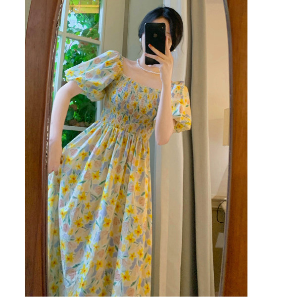 韓國夏季新款小香女風名媛一字領泡泡短袖鬆緊腰碎花顯瘦連衣裙