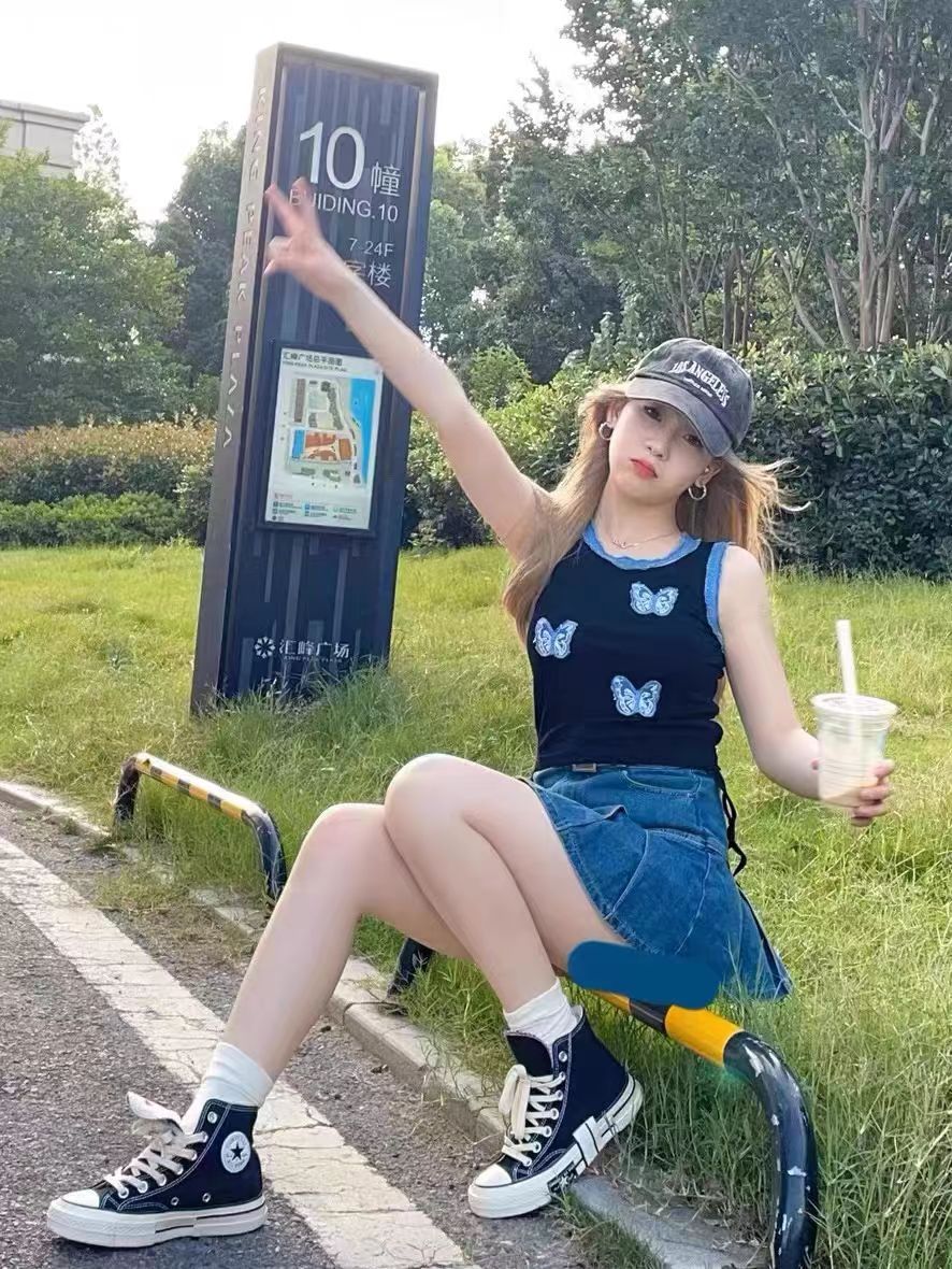 美式復古綁帶貼布蝴蝶貼布無袖背心女夏季辣妹修身短款抽繩上衣女