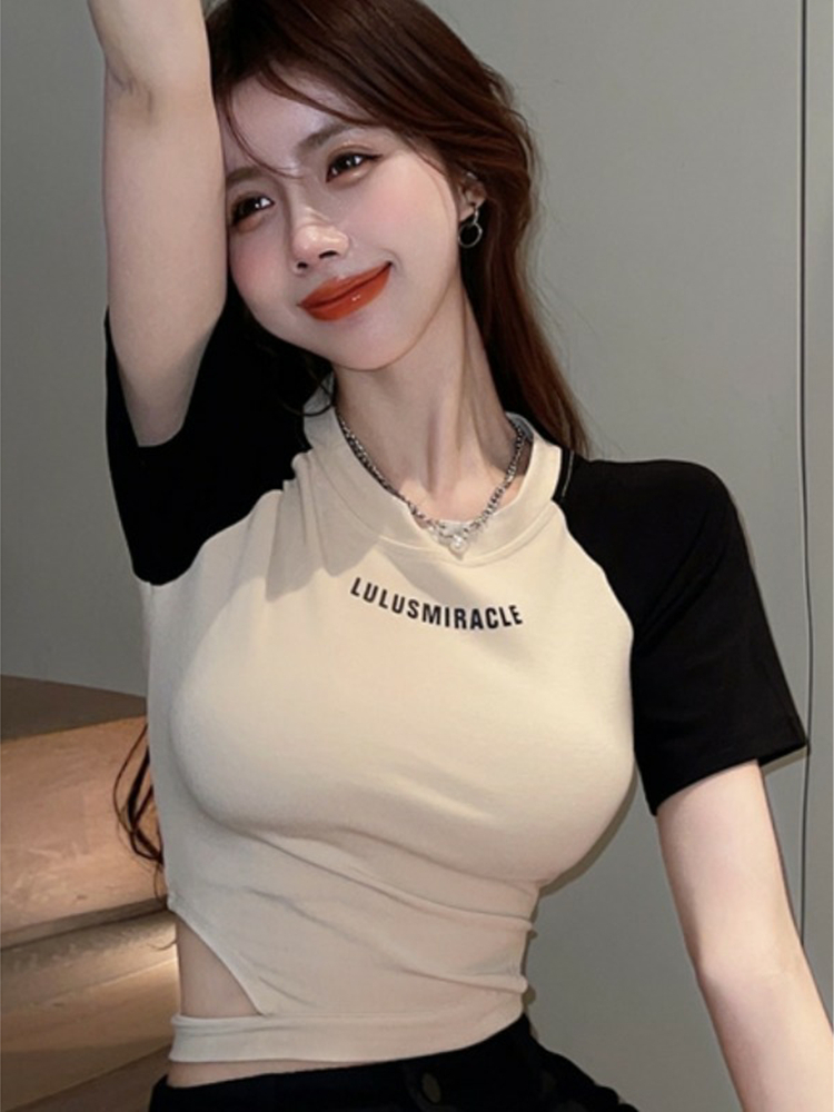 40支螺紋精梳棉210克+原版做法#質量#辣妹撞色小眾露腰T恤女