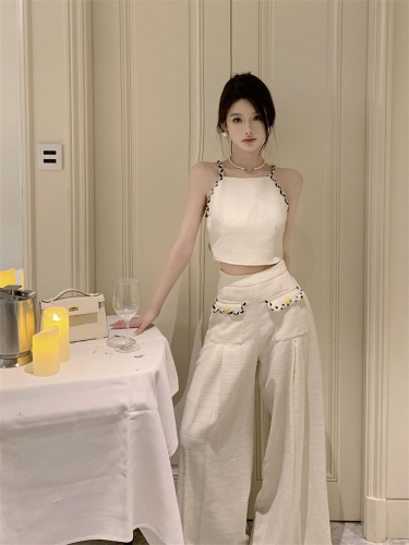 Real shot of elegant maker Xiao Xiangfeng suspender top high-waisted wide-leg pants French lady style high-end suit