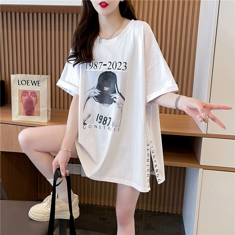 質量/環定紡純棉/後包領/中長款開抽拼接短袖T恤女