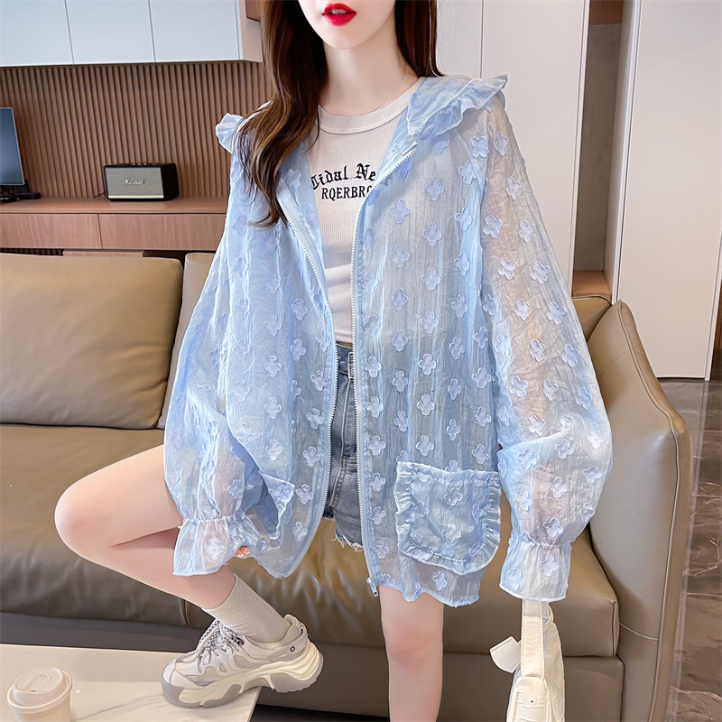 實拍質量/木耳邊長袖連帽拉鏈薄款開衫提花防曬衣女