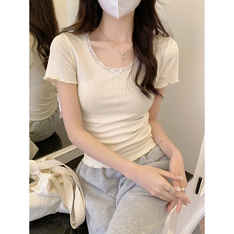 原版面料 純欲甜辣妹蕾絲短袖T恤女夏季打底衫修身內搭短款上衣