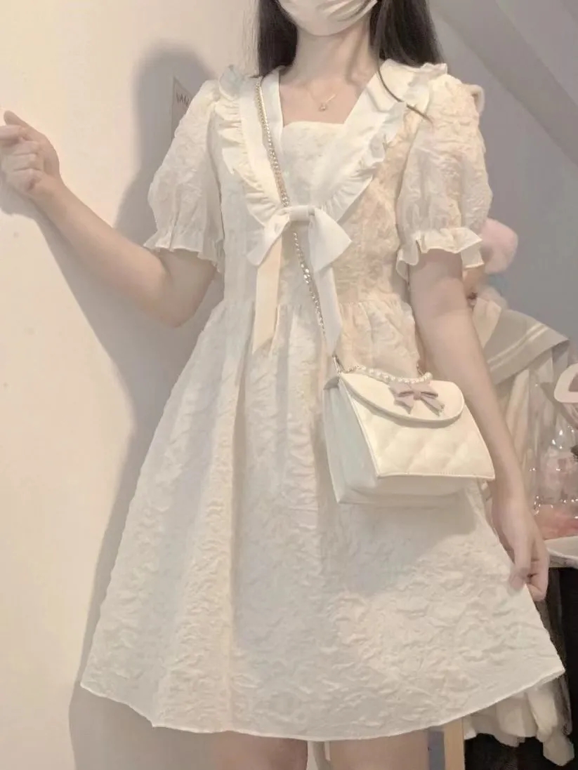 法式白色連衣裙女學生甜美初戀學院風泡泡袖收腰顯瘦半身裙子