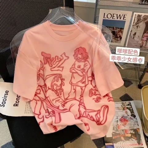 2024春夏韓國新款純棉短袖女後包領圓領印花寬鬆百搭大碼女裝T恤