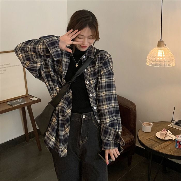 藏藍格子襯衫春秋新款大碼胖妹妹寬鬆顯瘦疊穿襯衣百搭外套女