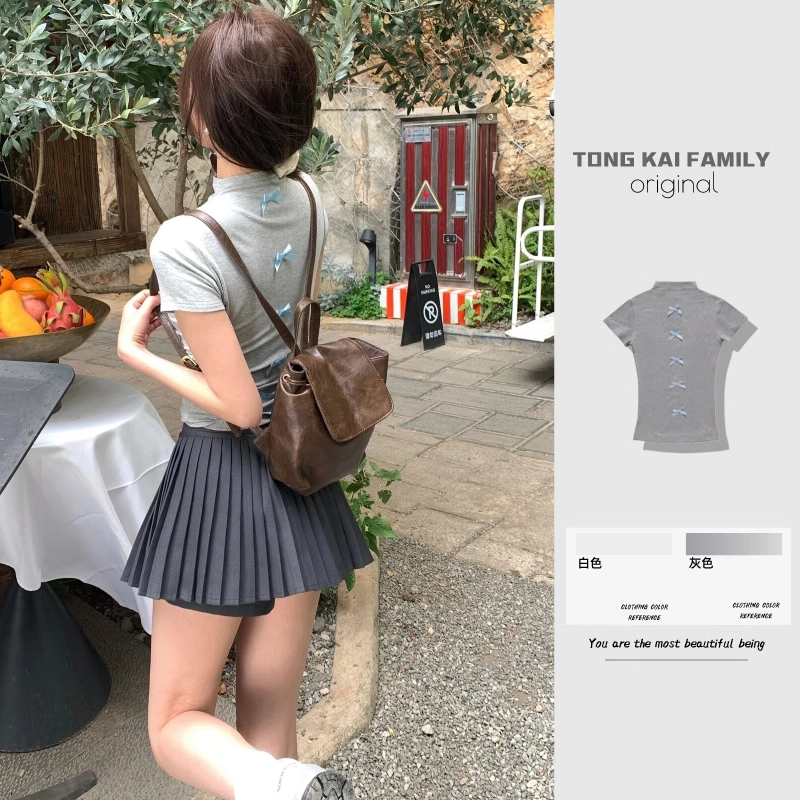 莫代爾面料 天貓質量辣妹上衣女獨特設計感後背有蝴蝶結T恤女