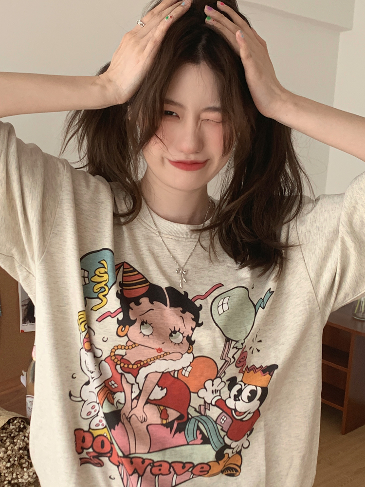 美式復古卡通貝蒂女郎燕麥色純棉短袖T恤女夏季chic港味甜酷上衣