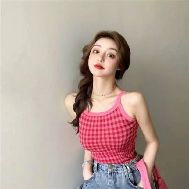 短款黑色格子針織衫外穿小吊帶網紅背心女春夏修身內搭打底上衣潮