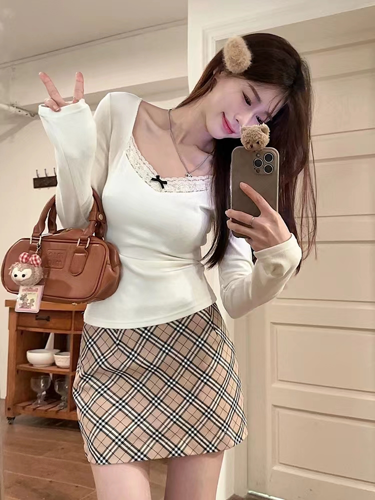 蕾絲拼接磨毛保暖打底衫長袖T恤女秋冬灰色修身內搭加絨加厚上衣