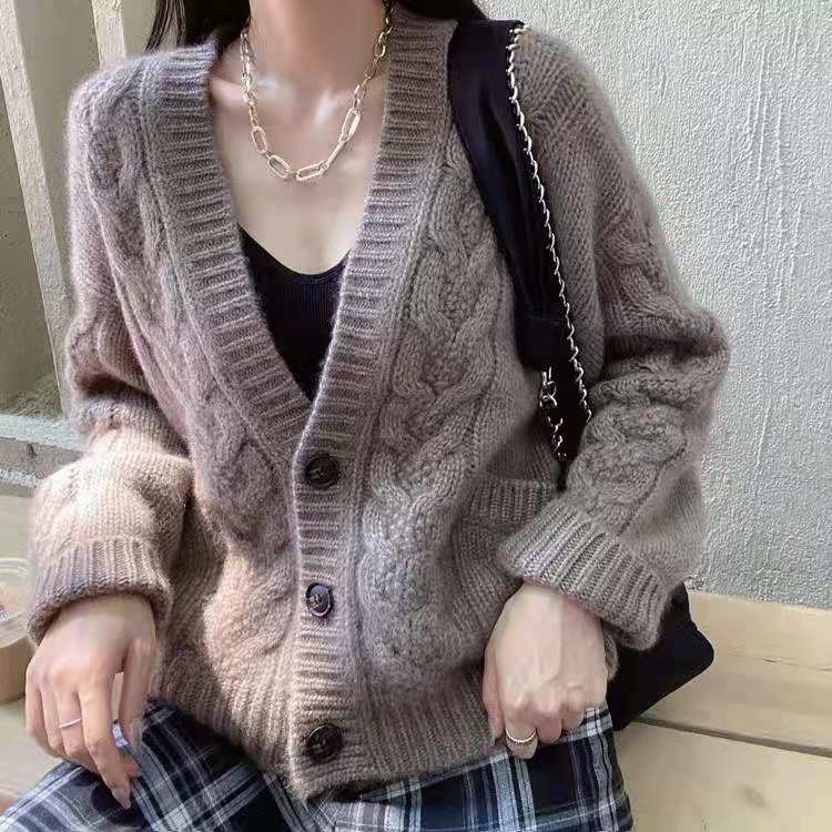 針織開衫外套女秋冬2024新款韓版寬鬆復古慵懶v領短款外穿毛衣潮