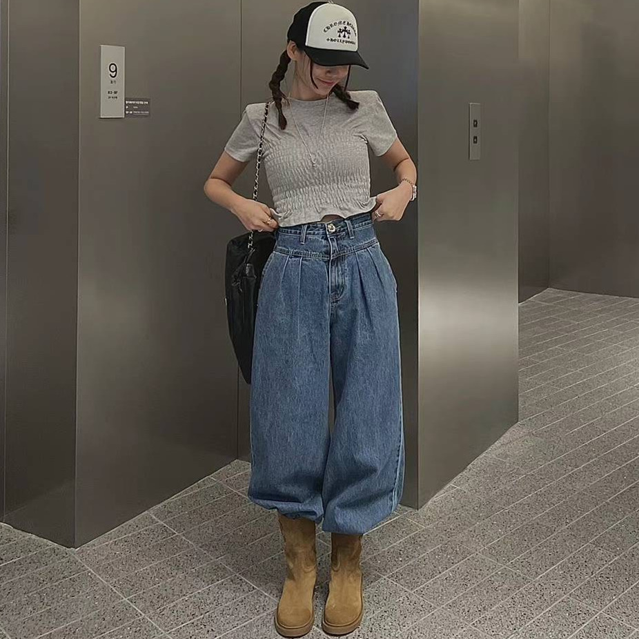 春季新款壓褶高腰直筒牛仔褲