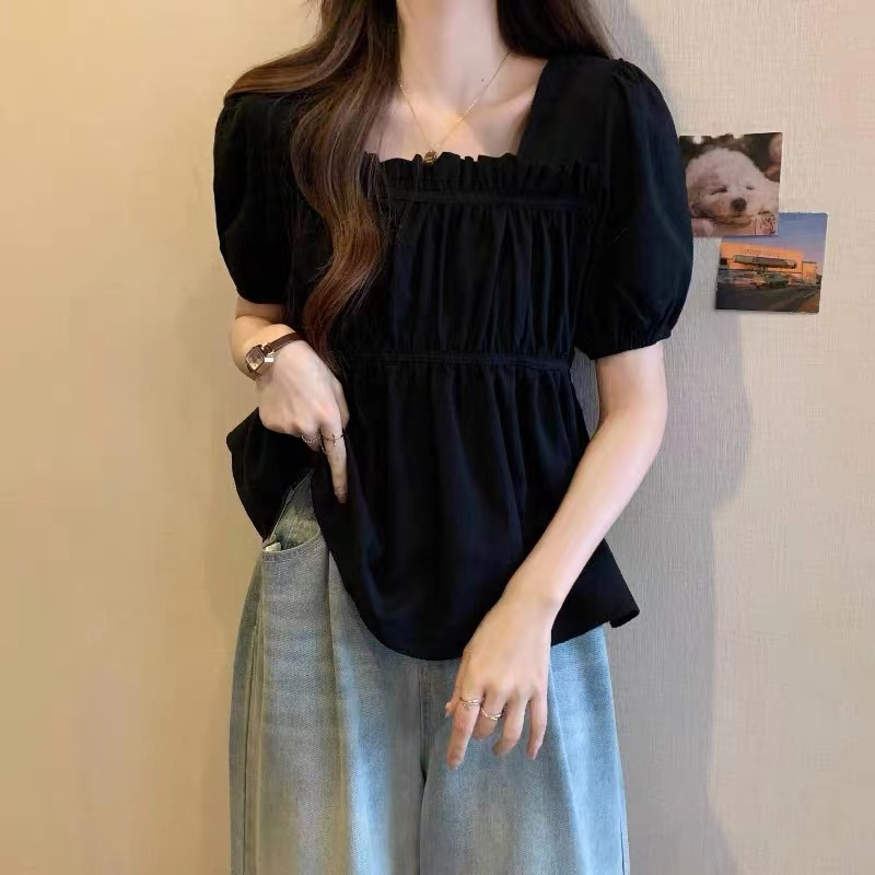 官圖原版做法小眾夏季短袖上衣女胖MM顯瘦設計感褶皺紋別致t恤衫