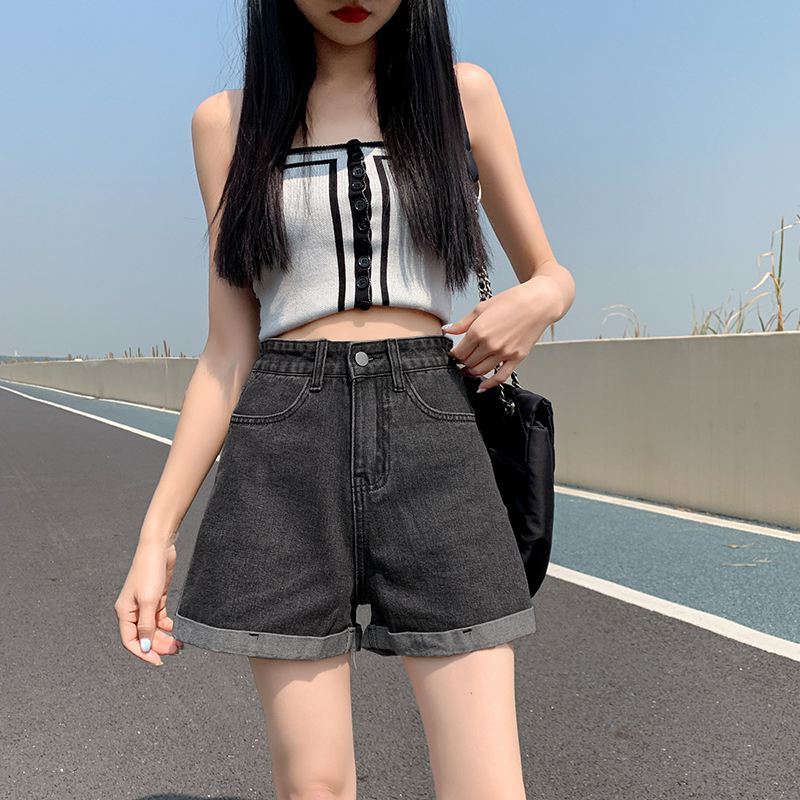 夏裝薄款ins風韓版休閒時尚熱褲a字高腰外穿卷邊闊腿短褲牛仔褲女