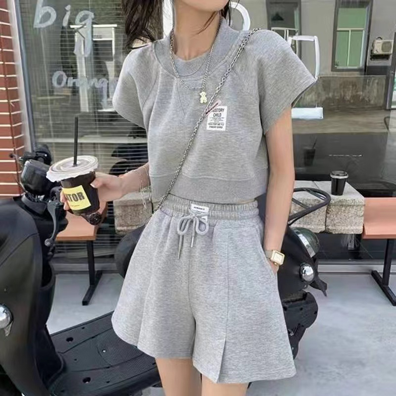 6535魚鱗 休閒運動服女新款寬鬆短袖高腰闊腿短褲兩件套