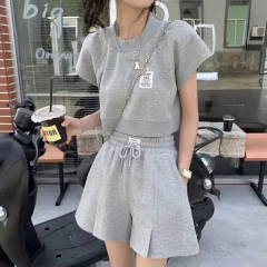 6535 Fish Scale Women's New Loose Short Sleeve High-Waisted Wide Leg Shorts Two-Piece Set