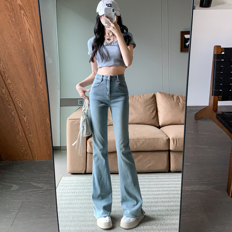 實拍高質量軟糯修身設計款小開叉微喇牛仔褲女新款顯瘦百搭馬蹄褲