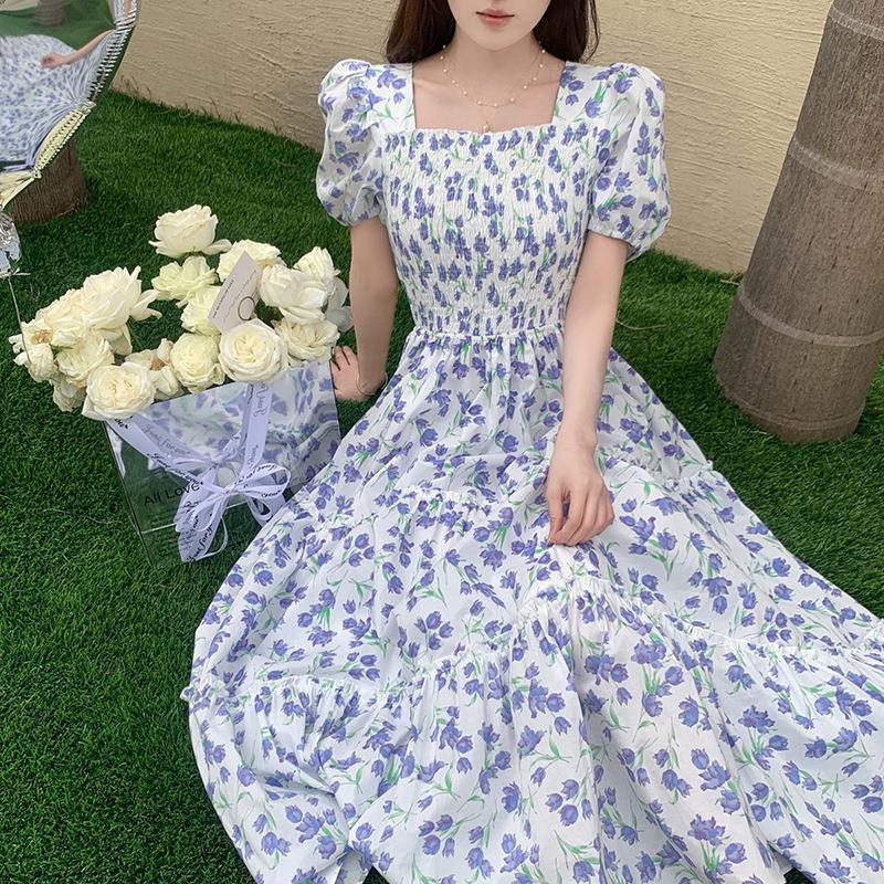 韓國chic夏季新款小香女風名媛一字領泡泡袖鬆緊腰碎花顯瘦連衣裙