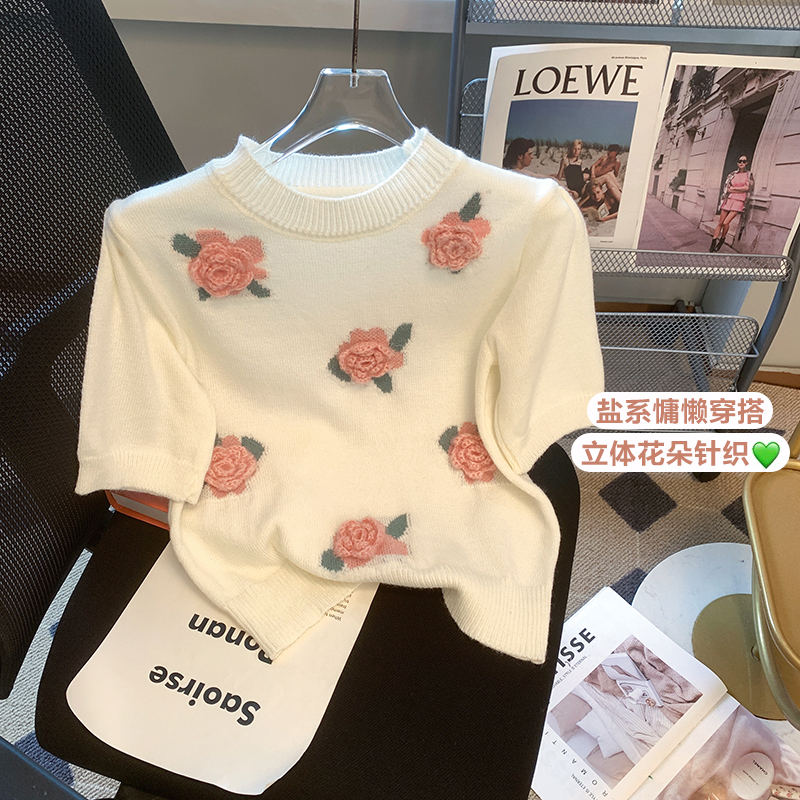 實拍2024夏季新款復古港味立體花朵針織衫女別致獨特顯瘦短袖上衣