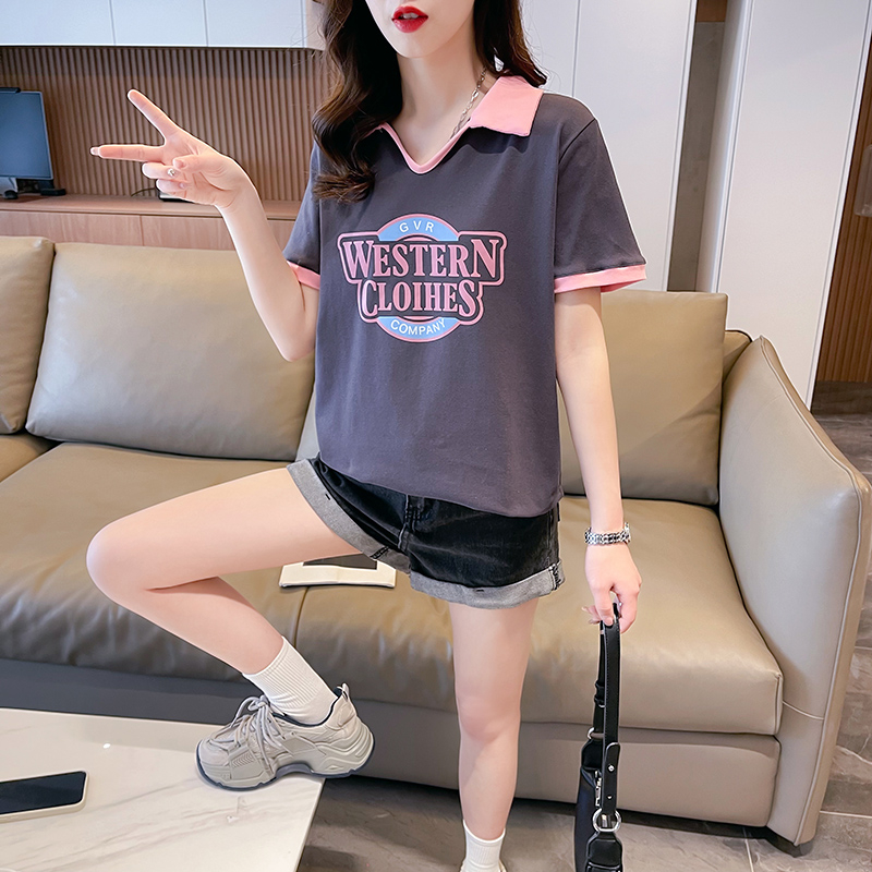 實拍2024夏季寬鬆Polo領上衣短袖T恤女