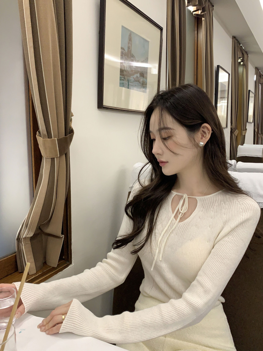 尺碼更新韓國chic春季法式系帶長袖針織衫女修身顯瘦打底上衣