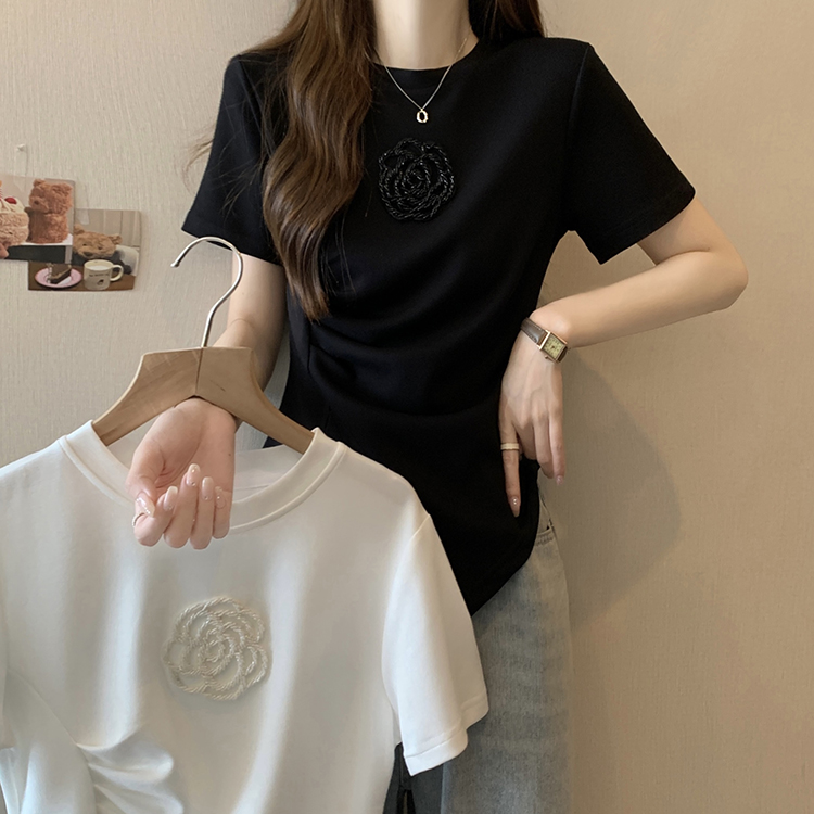 歐貨時尚短袖T恤女設計感小眾釘珠立體花朵不規則收腰開叉上衣夏