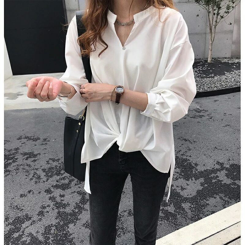 大碼女裝新款簡約氣質襯衫女秋季 百搭長袖上衣寬鬆BF襯衣打底衫