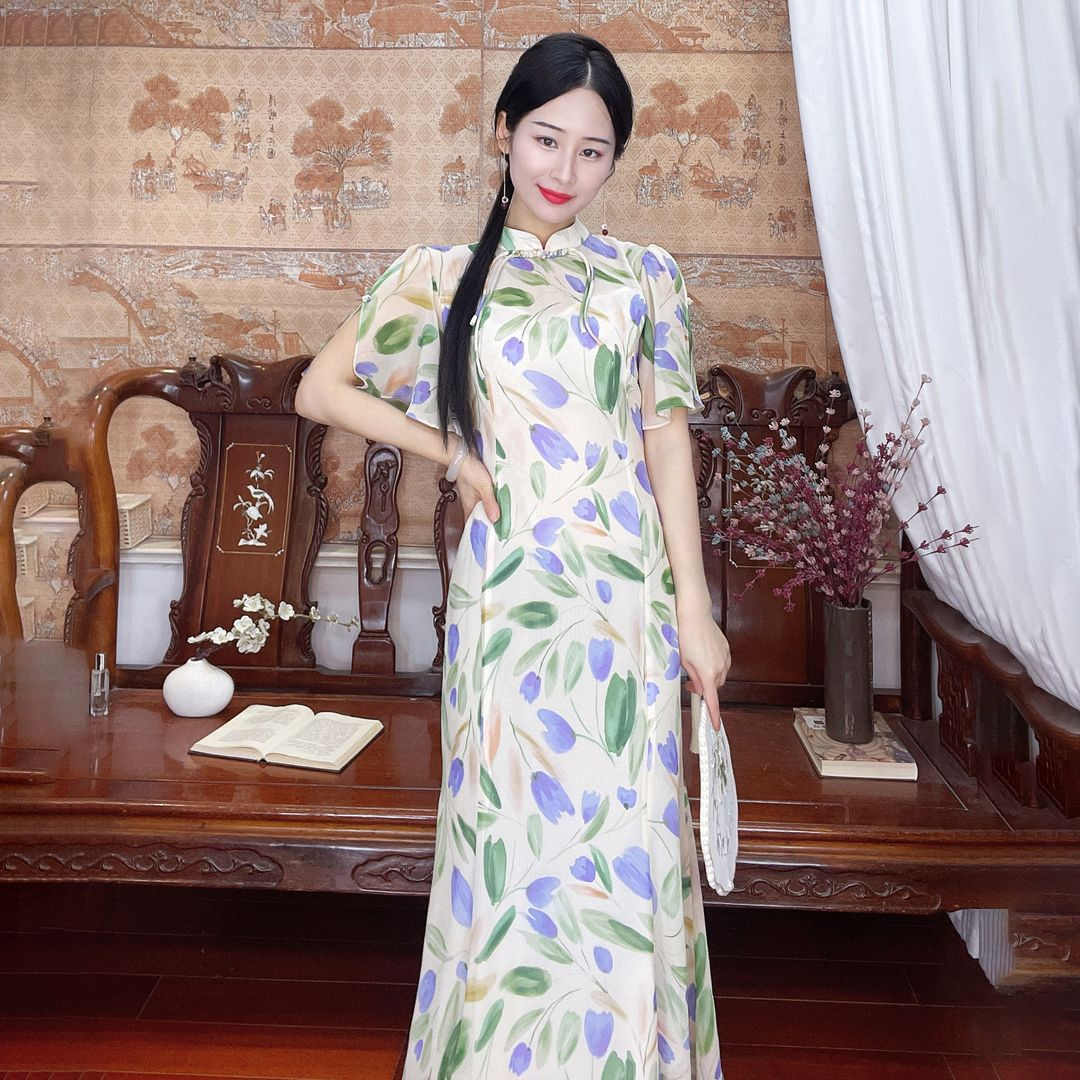 原版 氣質優雅淑女范綠色碎花倒大袖旗袍2024春夏新款日常可穿