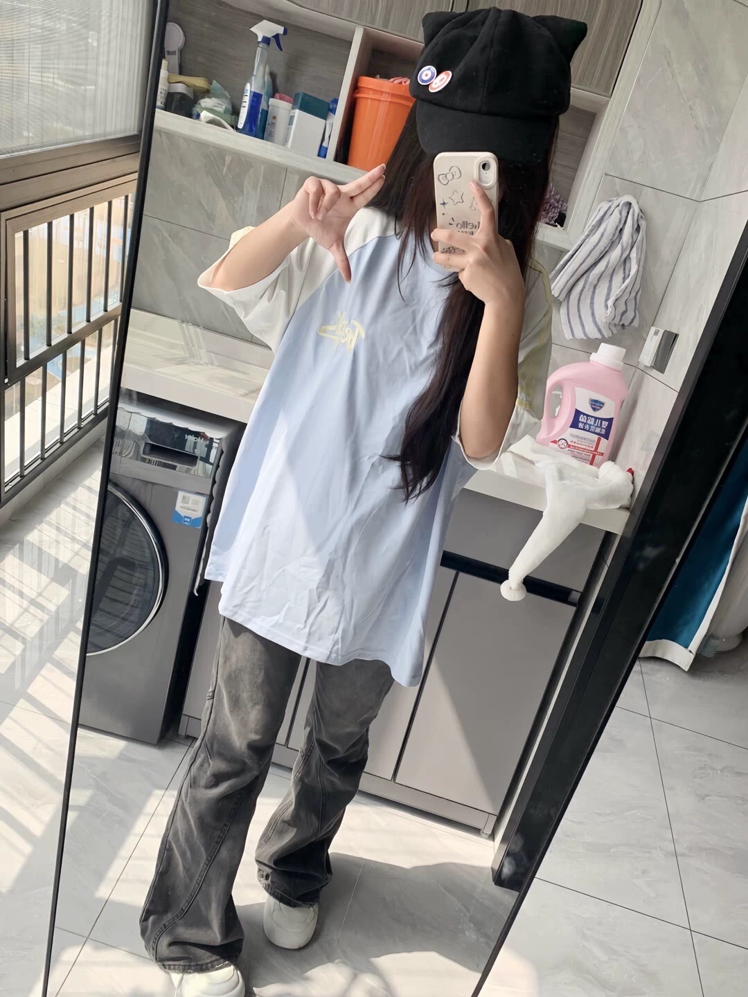 美式復古oversize撞色插肩短袖t恤女2024新款學生小個子ins潮上衣