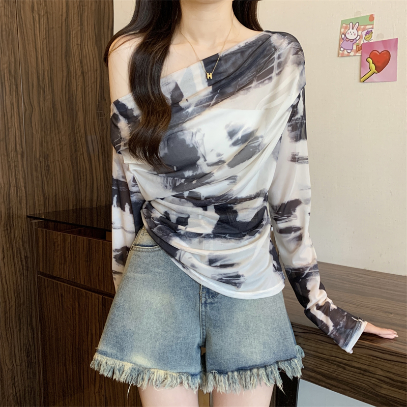 實拍 新款韓版修身顯瘦一字肩長袖水墨花網紗打底衫防曬衣
