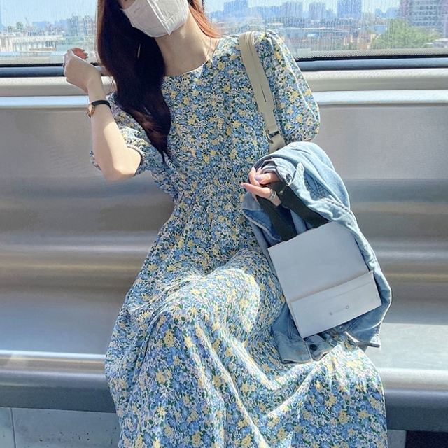 Good quality small fresh puff sleeve floral dress women summer 2024 new style French style long skirt