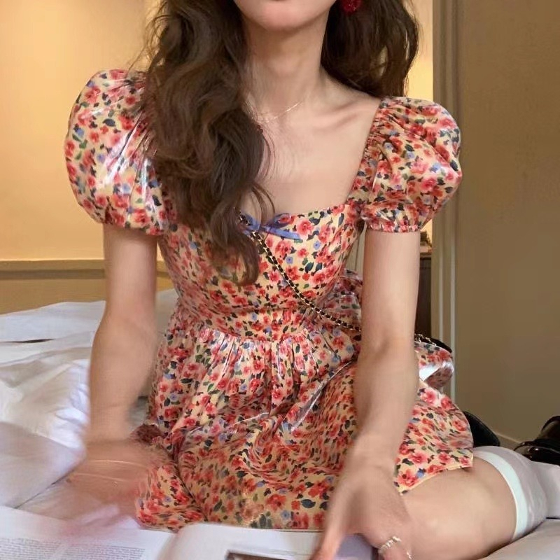 茶歇古着vintage仙女裙法式初戀甜美溫柔碎花連衣裙女夏季