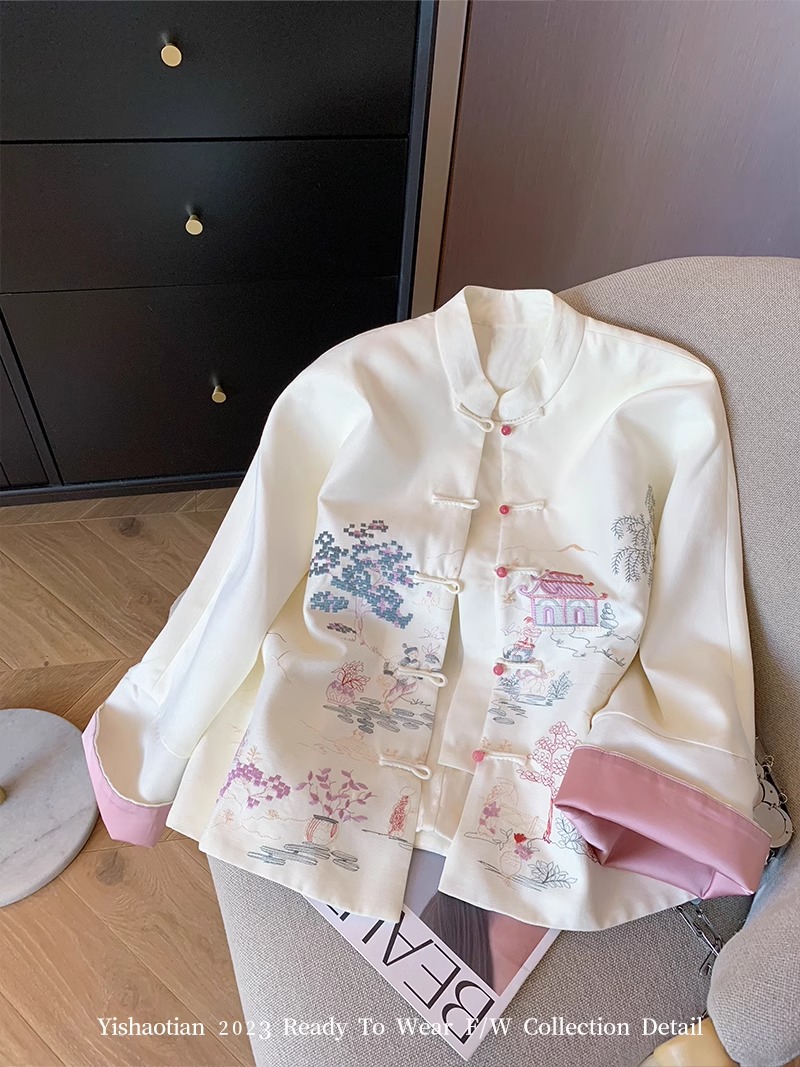 新中式國風拼接刺繡圓領外套女秋冬季復古設計感改良旗袍別致上衣