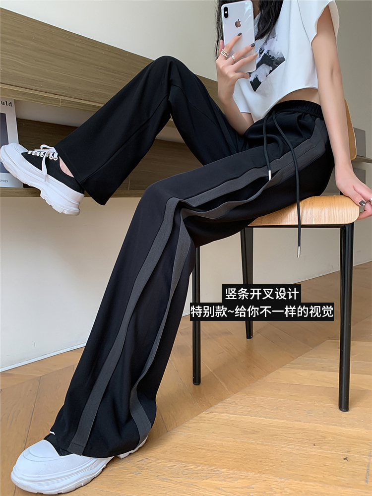 Women's new summer sweatpants loose fat mm high waist slimming side stripes drapey ice silk straight wide leg pants