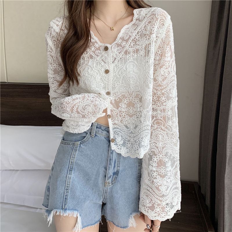Super fairy sun protection clothing for women 2024 new summer thin loose mesh hollow blouse lace shirt shawl small coat