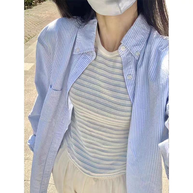 35棉藍色條紋休閒襯衫女2024夏季新款小眾長袖防曬襯衣
