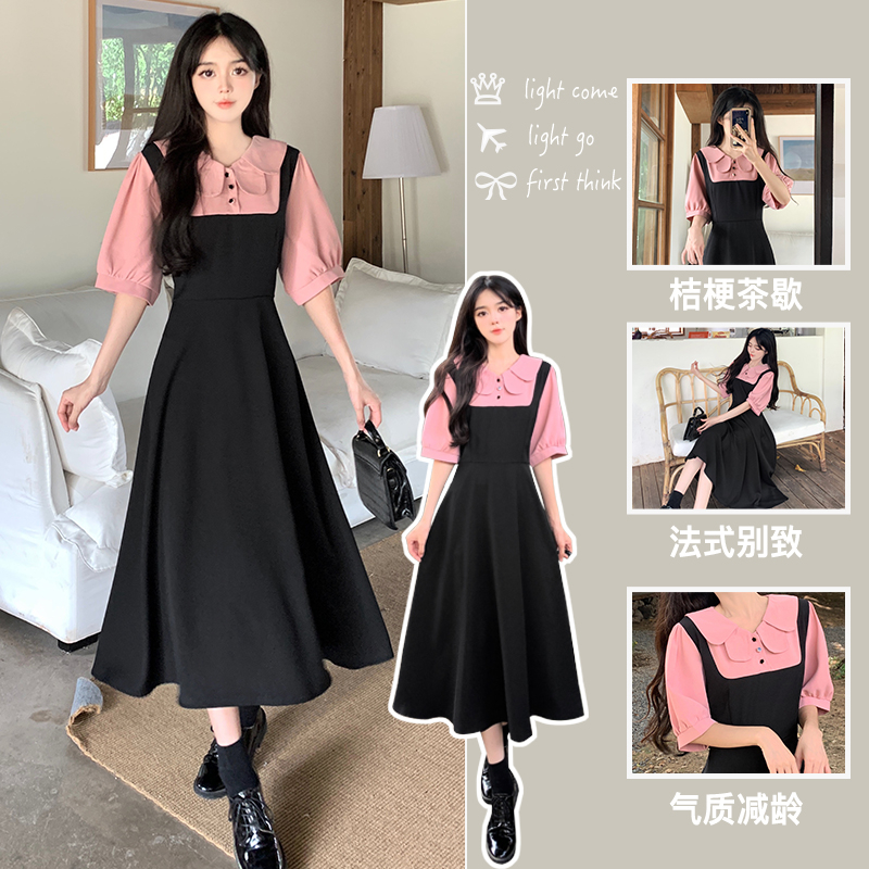 Real shot French niche design fake two-piece doll collar dress for women with waist slimming long skirt