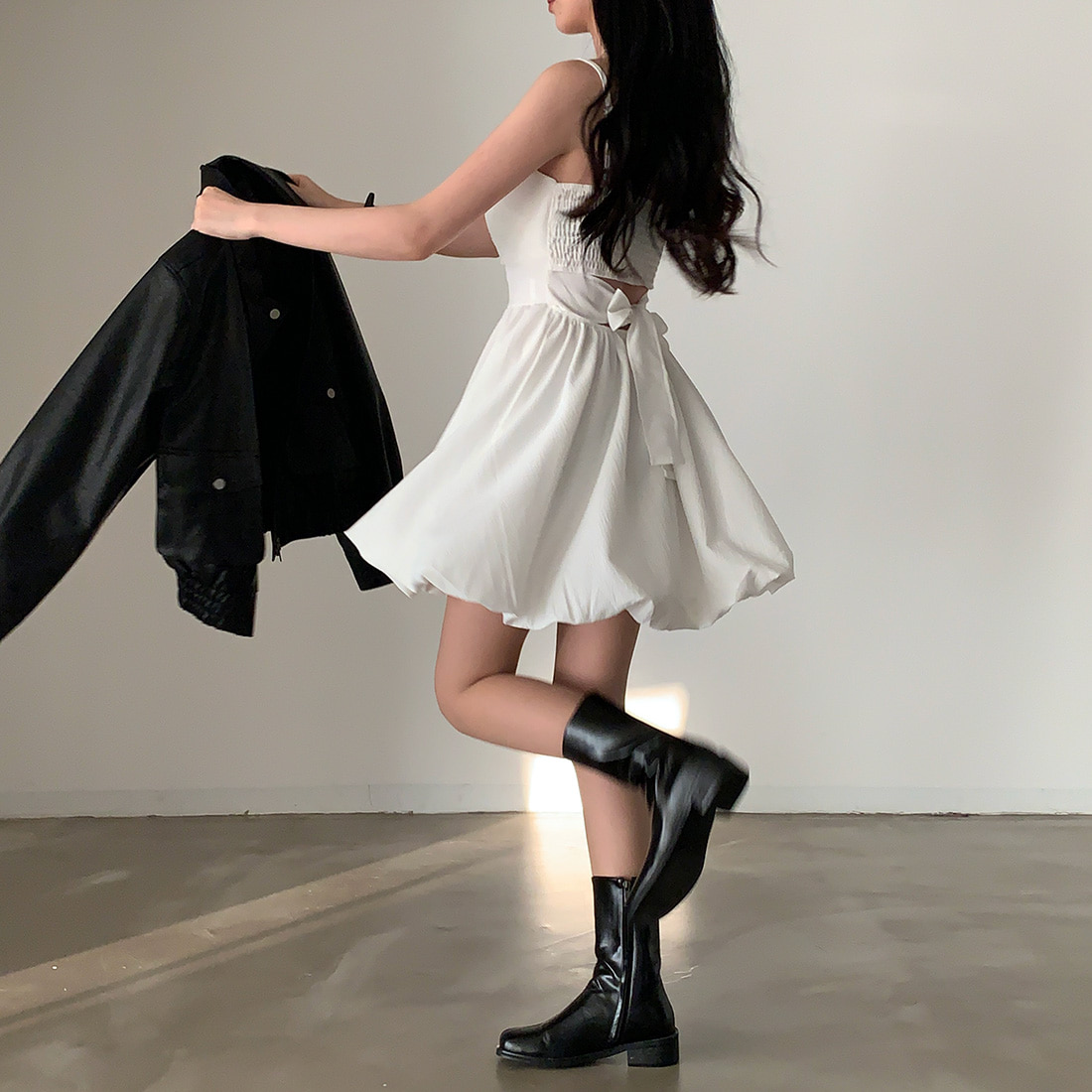 韓國chic法式少女感蝴蝶結系帶褶皺小個子花苞吊帶連衣裙