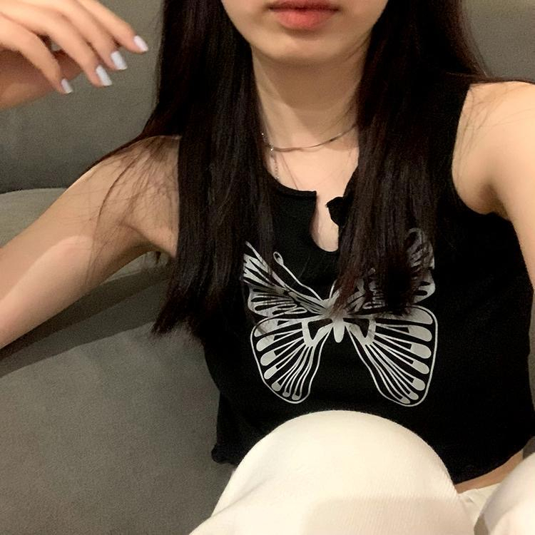 羅紋 蝴蝶印花吊帶背心女露臍短款ins上衣潮