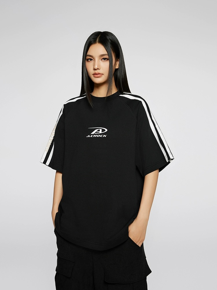 Taobao quality off-shoulder trendy brand loose printed three-stripe short-sleeved T-shirt for women