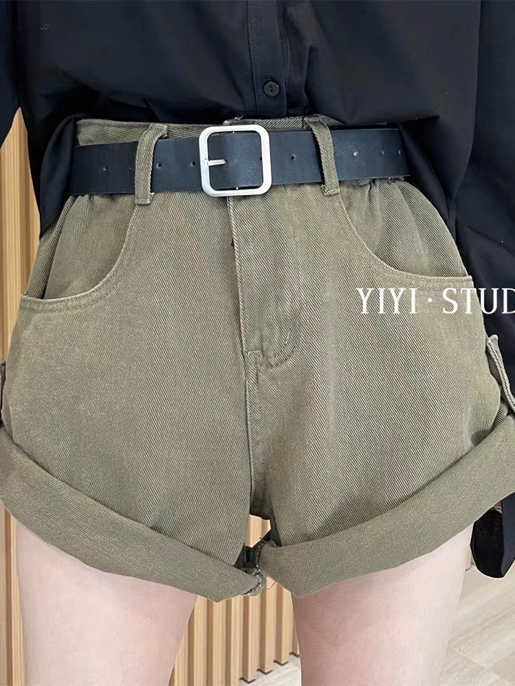2024新款復古軍綠色牛仔褲高腰氣質卷邊闊腿MM褲子A字短褲女熱褲