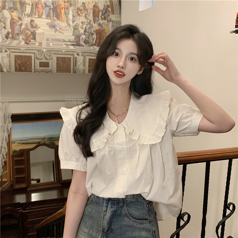 Actual shot ~ Summer new style fungus-edged doll collar shirt for women, age-reducing short-sleeved loose white top