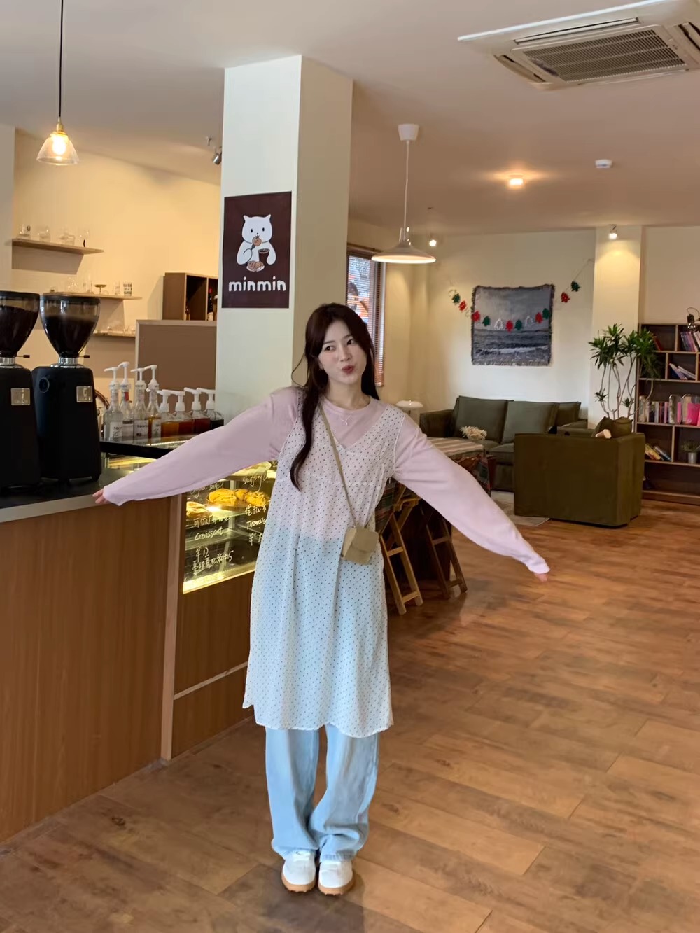 韓系復古甜美波點疊穿連衣裙微透浪漫v領罩裙2024新款氣質背心裙