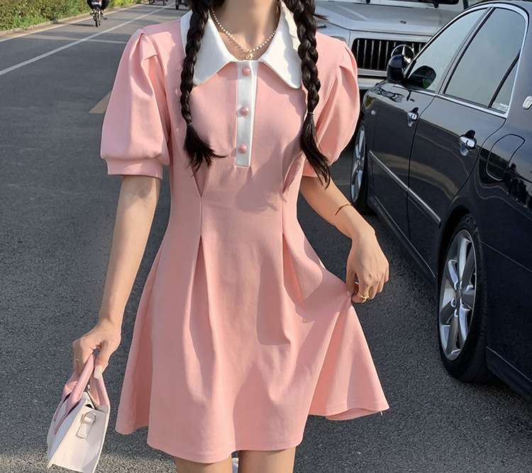 法式氣質娃娃領短袖連衣裙女夏裝小眾設計感收腰顯瘦學院風長裙子
