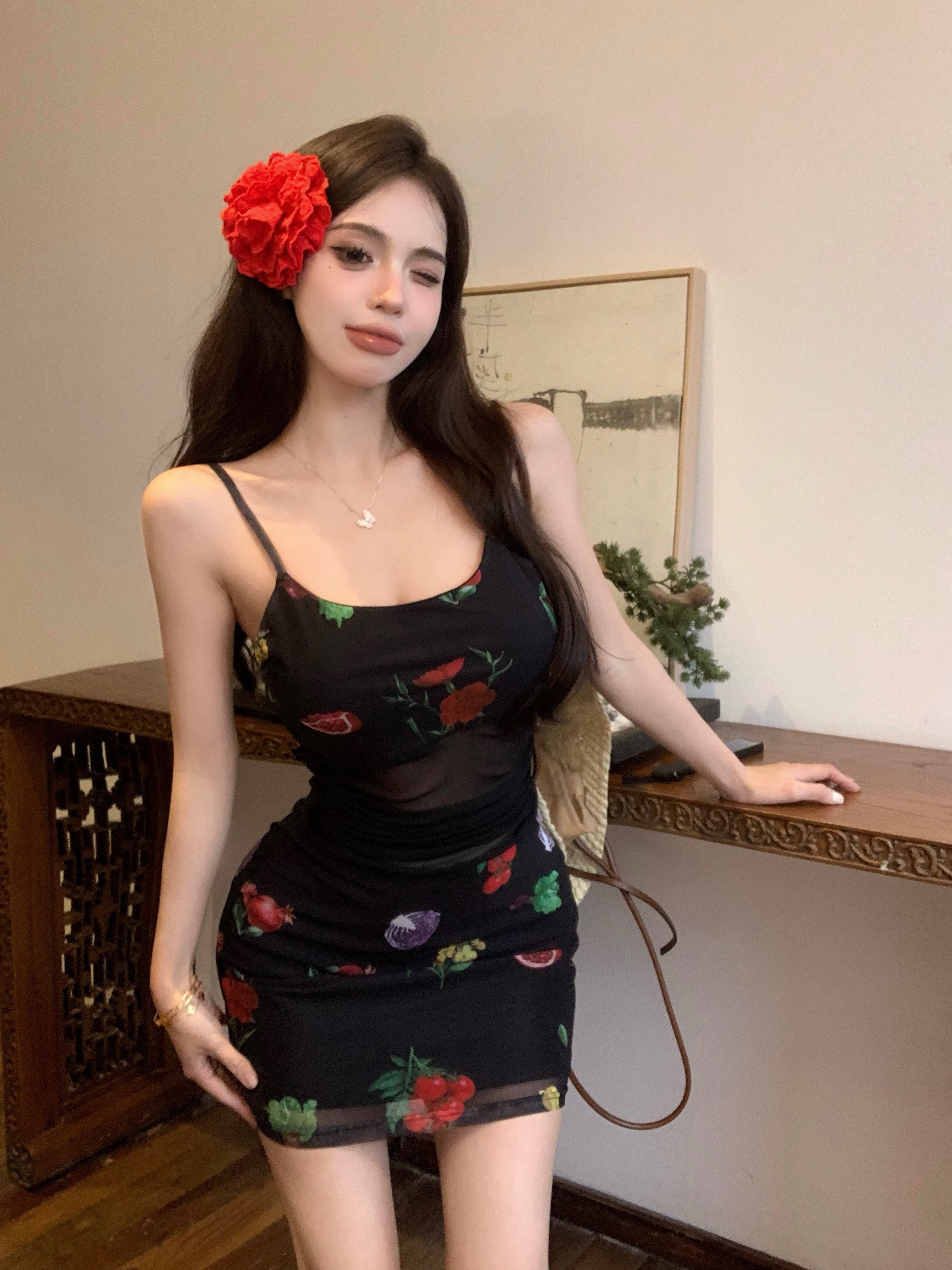 Real shot!  Beach vacation floral little black dress with waist slimming suspender skirt short long slit dress
