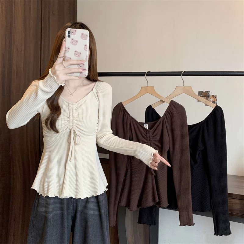 Original workmanship 2024 new bottoming shirt spring unique drawstring sexy pure desire slimming slim v-neck top