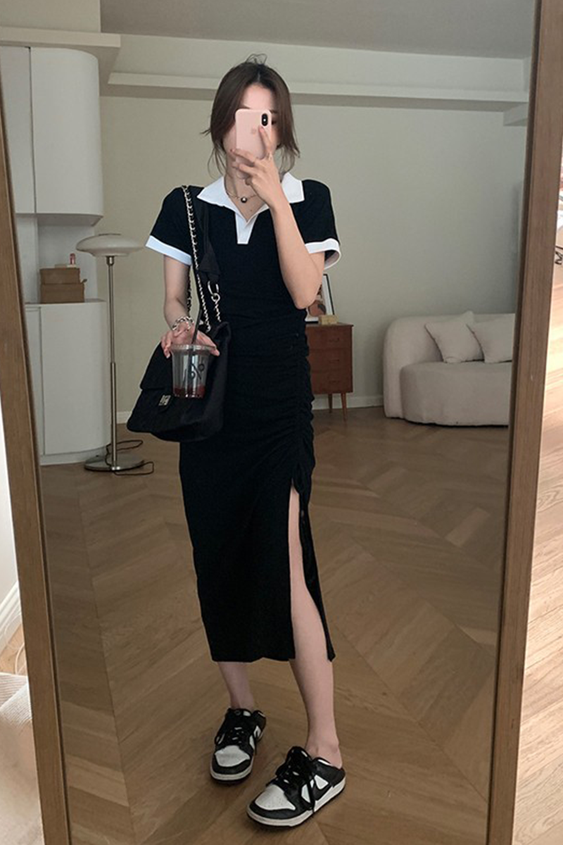 U77la girl goes out on the street, contrasting color polo collar dress, women's slim-fitting drawstring pleated hem slit shoulder pad knitted skirt